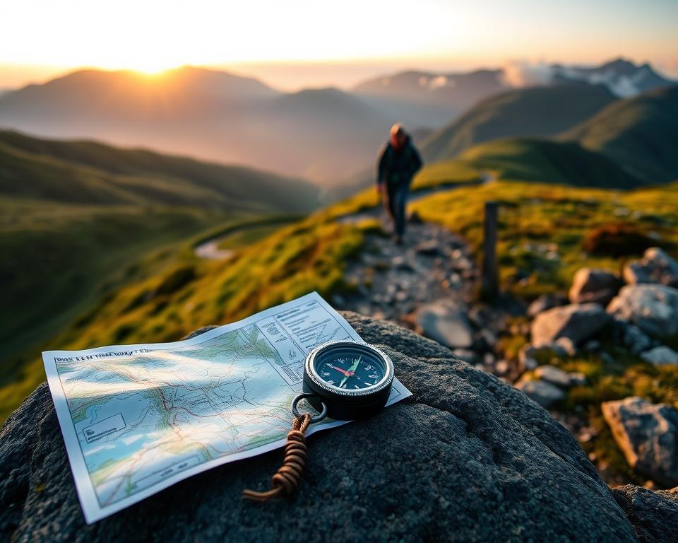 A scenic view of the West Highland Way in Scotland, focusing on a winding path surrounded by lush, green hills and rugged mountains. In the foreground, feature a detailed hiking map and a compass resting on a rock, illustrating navigation tools. The middle ground showcases a hiker in modest casual clothing, confidently walking along the path with a backpack, embodying adventure and exploration. The background reveals a breathtaking sunset casting warm, golden light over the landscape, creating an atmospheric, serene mood. Soft shadows enhance the textures of the terrain, while a faint mist envelops the distant hills, adding depth to the scene. The composition should provide a sense of safety and preparedness for trekkers in the Highlands.