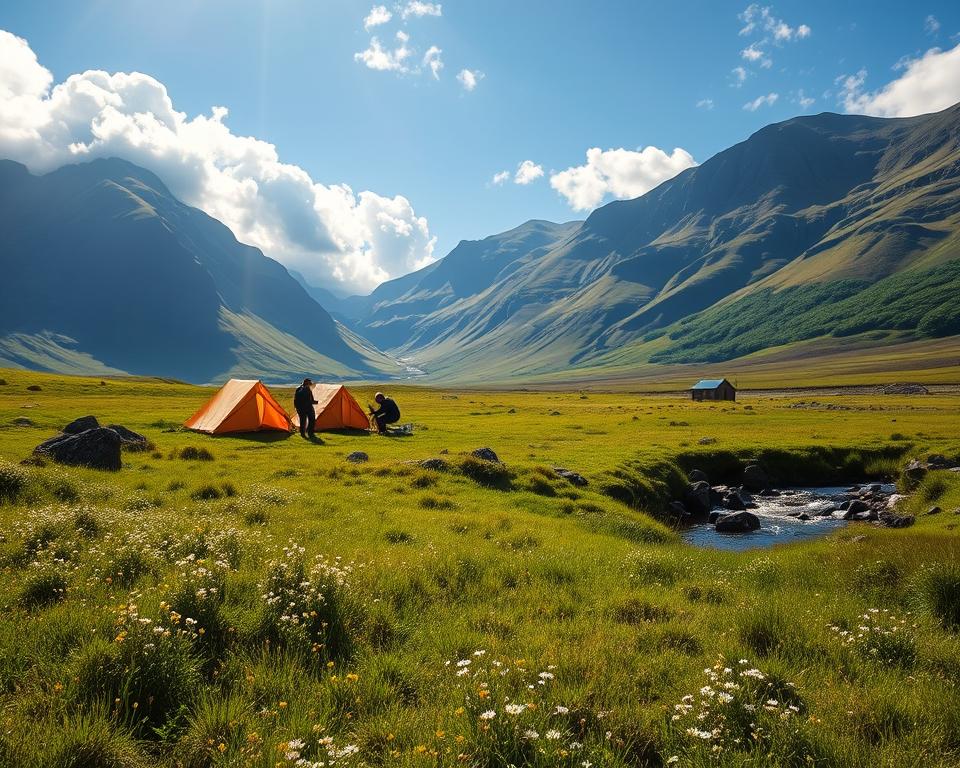 A serene landscape depicting the Scottish highlands, showcasing a lush green meadow with wildflowers in the foreground. In the middle ground, a small group of campers setting up their tents, dressed in casual outdoor clothing, adhering to responsible camping practices. A gentle stream flows nearby, reflecting the bright blue sky. In the background, majestic mountains rise, partially shrouded in mist, adding depth to the scene. Natural lighting creates a warm, inviting atmosphere, with soft sunlight filtering through scattered clouds. The composition should evoke a sense of adventure and tranquility, focusing on the beauty of wild camping in Scotland while emphasizing the importance of respecting nature.