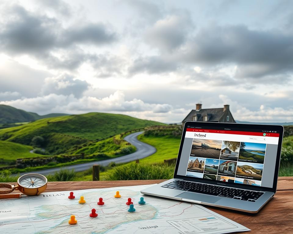 A serene landscape scene capturing the essence of planning a road trip through Ireland. In the foreground, a neatly arranged map of Ireland with colorful markers highlighting various routes and attractions, alongside a vintage compass. A stylish laptop open to a travel website displaying picturesque Irish destinations and accommodations. In the middle ground, a scenic view of lush green hills, a winding road, and a classic car parked beside a quaint stone cottage, symbolizing adventure and exploration. The background features a dramatic sky, partly cloudy with soft sunlight breaking through, casting a warm glow. The overall mood is inviting and inspiring, evoking a sense of wanderlust and the beauty of Ireland’s countryside. No people or text present, focusing solely on the planning elements and the picturesque landscape.