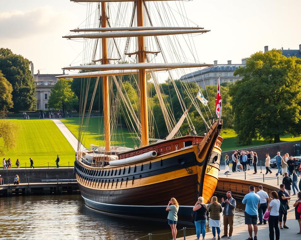 A stunning view of the Cutty Sark, the legendary tea clipper, positioned majestically in Greenwich, London. In the foreground, the ship's intricately detailed wooden hull gleams under the gentle afternoon sunlight, showcasing its expansive sails in full display, billowing slightly as if catching a breeze. Surrounding the ship, a well-maintained dock with subtle reflections on the water adds a lively element. In the middle ground, visitors and tourists admire the vessel, dressed in light, casual attire, capturing memories. The background features the lush greenery of Greenwich Park and the iconic buildings of the area. The scene is bathed in warm, soft lighting, creating a welcoming and historic atmosphere, perfect for showcasing the charm of this maritime treasure.