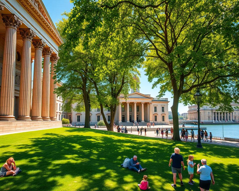 A stunning view of the National Maritime Museum in Greenwich, London, showcasing its grand architecture with classical columns and detailed stonework. In the foreground, a well-manicured lawn is dotted with visitors enjoying the cultural program, some engaging with educational displays. The middle ground features the museum's impressive entrance, framed by lush green trees that provide dappled sunlight. In the background, the iconic Queen's House and the River Thames can be seen under a clear blue sky. The lighting is warm and inviting, suggesting a sunny afternoon. The scene should evoke a sense of exploration and cultural enrichment, highlighting the vibrancy of the museum experience. Shot from a low angle to emphasize the architecture and create a dynamic perspective.
