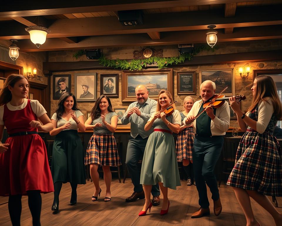 A vibrant Irish cultural scene unfolds in a lively pub setting. In the foreground, a group of five people in modest, colorful clothing engage in traditional Irish dancing, their movements full of energy and joy. The middle layer features musicians playing traditional instruments like fiddles, bodhráns, and an Irish flute, creating a harmonious atmosphere. The background reveals a rustic pub with wooden beams, stone walls, and soft, warm lighting that casts gentle shadows, enhancing the intimate ambiance. The walls are adorned with Celtic art and old photographs of Ireland. The overall mood is festive and welcoming, evoking a sense of community and rich cultural heritage, perfect for experiencing the beauty of Ireland. The image is captured with a slightly angled perspective, emphasizing movement and connection among the dancers and musicians.