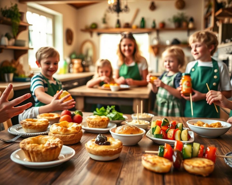 A vibrant and inviting scene showcasing Irish cuisine for children. In the foreground, a wooden table is filled with colorful, child-friendly dishes like mini shepherd's pies, fluffy potato pancakes, and vibrant vegetable skewers. Small hands, wearing playful aprons, are reaching for these delightful treats. In the middle ground, a cheerful family is gathered, with a smiling mother serving food to her excited children. The background features a cozy, rustic kitchen with warm lighting and traditional Irish decor, creating an atmosphere of warmth and togetherness. Soft, natural daylight streams through a window, enhancing the inviting mood, while a few potted herbs add a touch of greenery to the setting. The overall tone is joyful and family-oriented, perfect for introducing kids to the flavors of Ireland.
