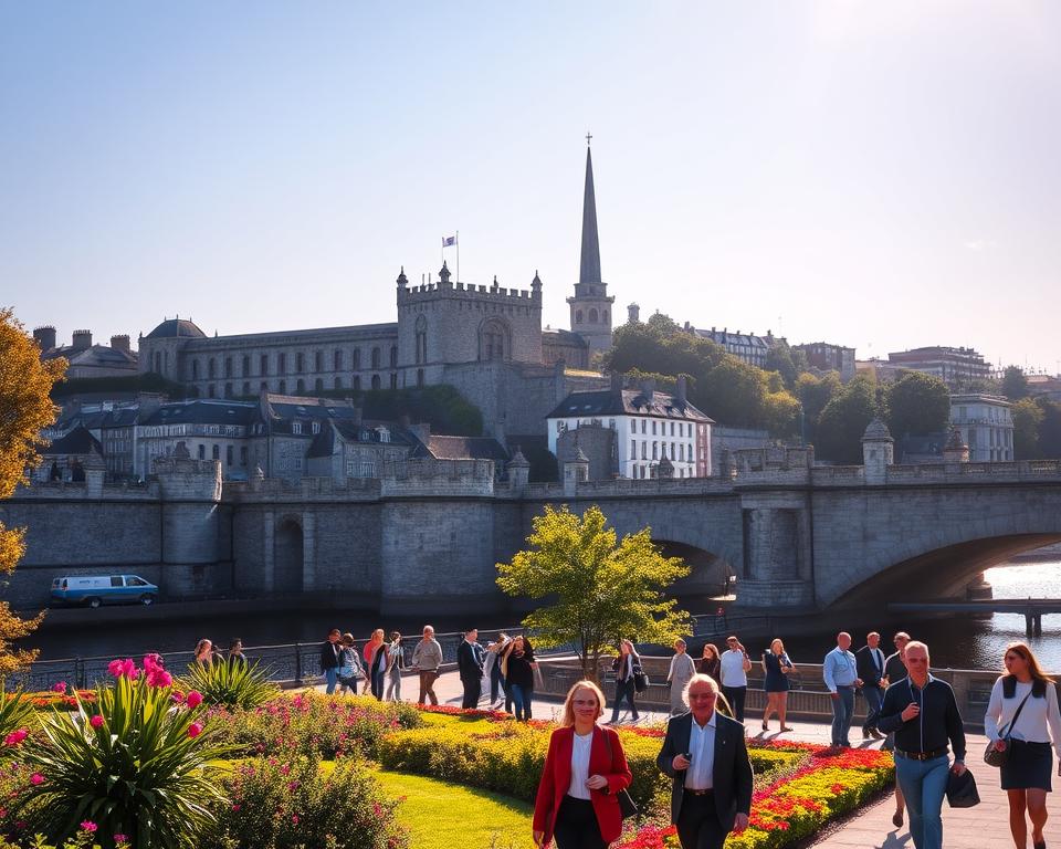 A vibrant scene capturing the iconic landmarks of Dublin, showcasing the majestic Dublin Castle in the foreground, flanked by lush gardens. In the middle ground, the historic Ha'penny Bridge arches gracefully over the River Liffey, while lively pedestrians stroll across, clad in smart casual attire. The background features the impressive spire of the Monument of Light piercing a clear blue sky, with soft, golden sunlight illuminating the scene, casting gentle shadows. The atmosphere is cheerful and inviting, reflecting the city's rich culture and history. Use a slight wide-angle lens to encompass the beauty of the cityscape, ensuring a dynamic perspective. The overall mood is warm and welcoming, ideal for a travel article highlighting Dublin as a perfect starting point for an Irish road trip.