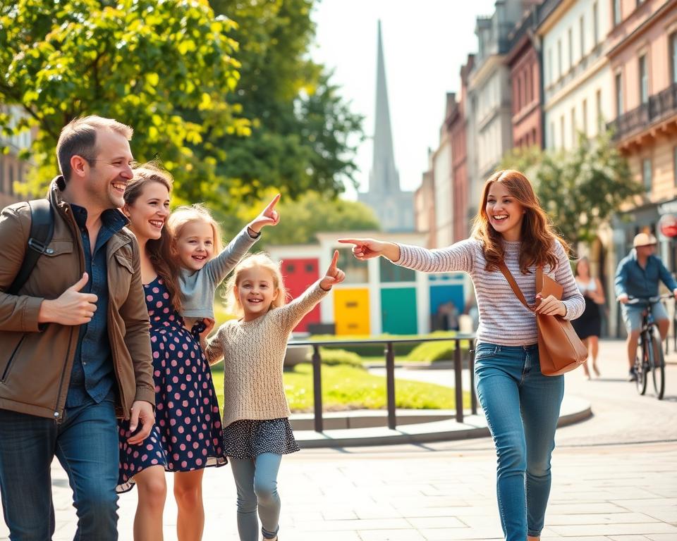 A vibrant scene in Dublin featuring a family exploring the city together, including two children and their parents. In the foreground, the family interacts joyfully, with the children pointing at interesting landmarks. The parents, dressed in modest casual clothing, smile and engage with their kids. In the middle ground, iconic Dublin sights like the Spire of Dublin and colorful Georgian doors can be seen, surrounded by green park elements. The background showcases the lively atmosphere of the city, with a soft focus on pedestrians and cyclists. The image is illuminated by warm, natural sunlight, creating a cheerful and inviting mood. The angle captures the family from a slight low perspective, emphasizing their delight in discovering Dublin’s charms.