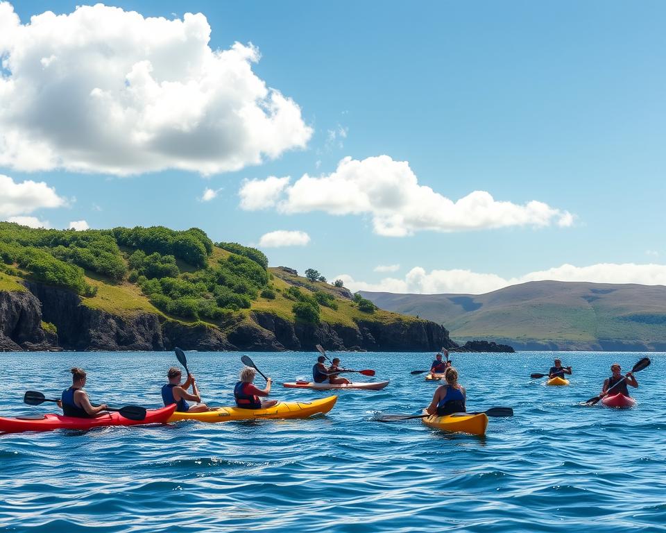 A vibrant scene of Wassersport in Connemara, Ireland, showcasing a serene coastline. In the foreground, a group of people in modest casual clothing engages in kayaking and paddleboarding, capturing the thrill of outdoor adventure. The middle ground features rugged cliffs dotted with lush greenery, creating a striking contrast against the deep blue waters. In the background, the distant horizon reveals soft hills under a bright, clear sky, with fluffy white clouds casting dynamic shadows on the water’s surface. The lighting is bright, evoking a sunny day, with reflections shimmering on the water. The atmosphere is lively and adventurous, inviting viewers to explore the natural beauty of Connemara’s outdoor activities.