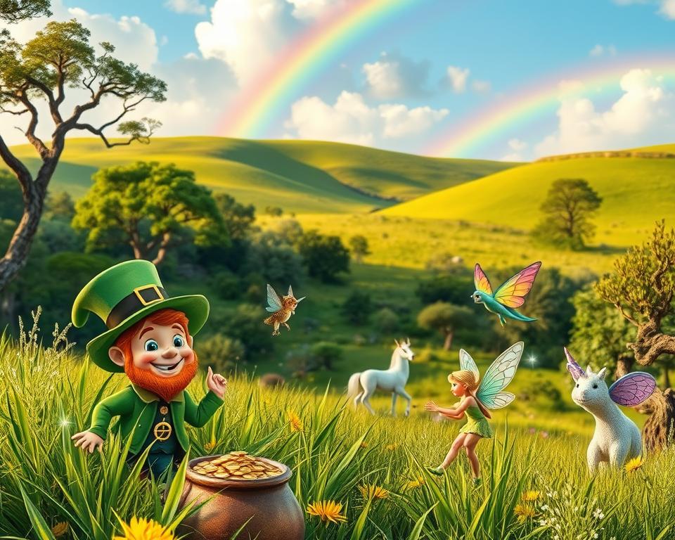 A whimsical scene depicting elements of Irish mythology tailored for children. In the foreground, a cheerful Leprechaun with a twinkle in his eye is playfully hiding a pot of gold amidst lush green grass. Nearby, a majestic, friendly faerie with colorful wings flits about, surrounded by sparkling fairy dust. In the middle ground, an enchanted forest with towering, ancient trees teems with mystical creatures like gentle unicorns and wise owls. The background features rolling green hills under a bright blue sky, with soft, fluffy clouds and a vibrant rainbow arching across the horizon. The lighting is warm and inviting, casting a golden hue over the scene, suggesting a magical atmosphere. The angle is slightly elevated to capture the enchanting landscape and its playful inhabitants in one coherent view.