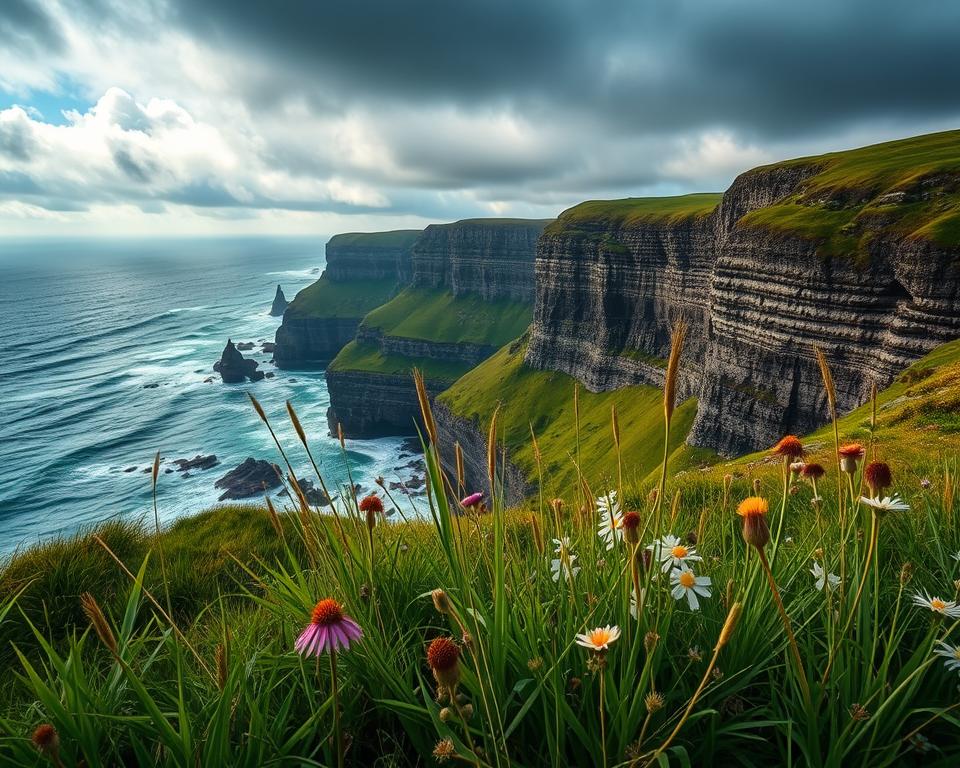 Vivid image of the Cliffs of Moher, towering at 702 feet above the rugged coastline of Ireland. In the foreground, lush green grasses and wildflowers sway gently in the coastal breeze. The middle ground features the dramatic cliffs, steep and jagged, with waves crashing violently against the rocks below, creating a contrast of blues and whites. In the background, dramatic stormy skies with clouds rolling in, casting shadows over the cliffs, evoke a sense of drama. The lighting is soft, suggesting a late afternoon glow that highlights the textures of the cliffs. The angle is slightly elevated, capturing the grandeur of the cliffs and their wild surroundings, suggesting both beauty and the power of nature. The overall mood is awe-inspiring and serene, embodying the essence of Ireland’s west coast.